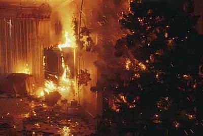 Flames in a room beside a Christmas tree