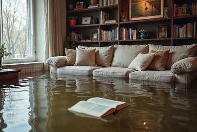 A book floats on flood water in a living room, with a sofa and shelves behind