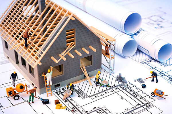 Building plans with cartoon workers depicting activity throughout.